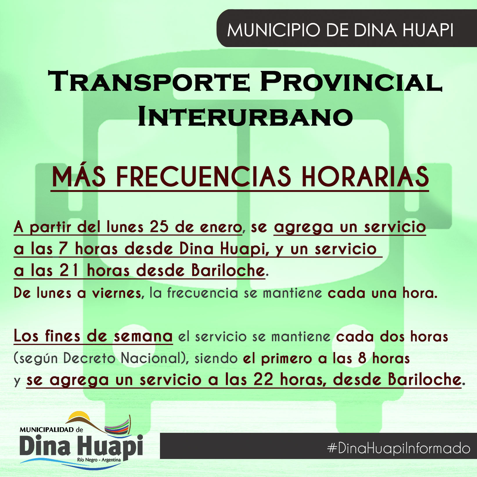 Dina Huapi: Se agregan servicios en la Línea 33, del Transporte Interurbano