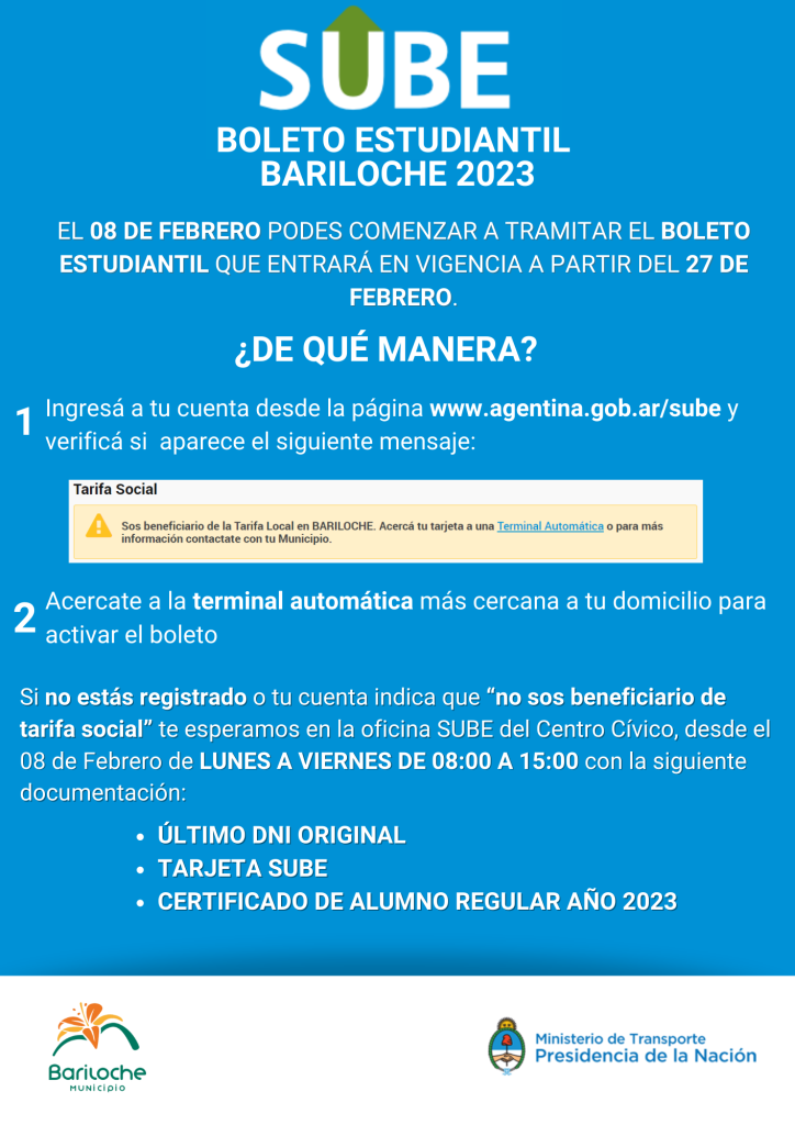Recuerdan información sobre el Boleto Estudiantil 2023 en Bariloche