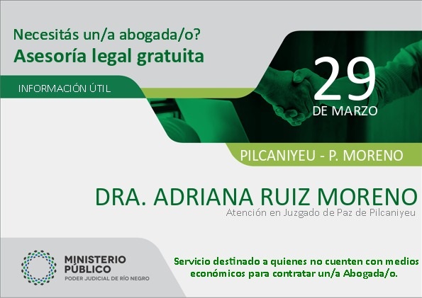 Asesoramiento legal gratuito en Pilcaniyeu este miércoles 29 de marzo