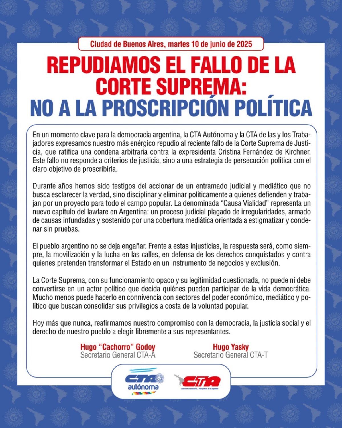 Las dos CTA repudian el fallo de la Corte Suprema: No a la proscripción política